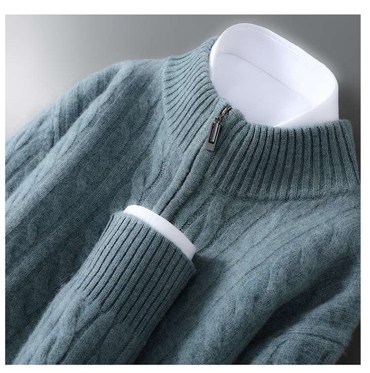 boy Autumn Winter New 100% Pure Wool Men's Half Turtleneck Zipper Thickened Cable Knit Casual Loose Cashmere Sweater_voghion.com
