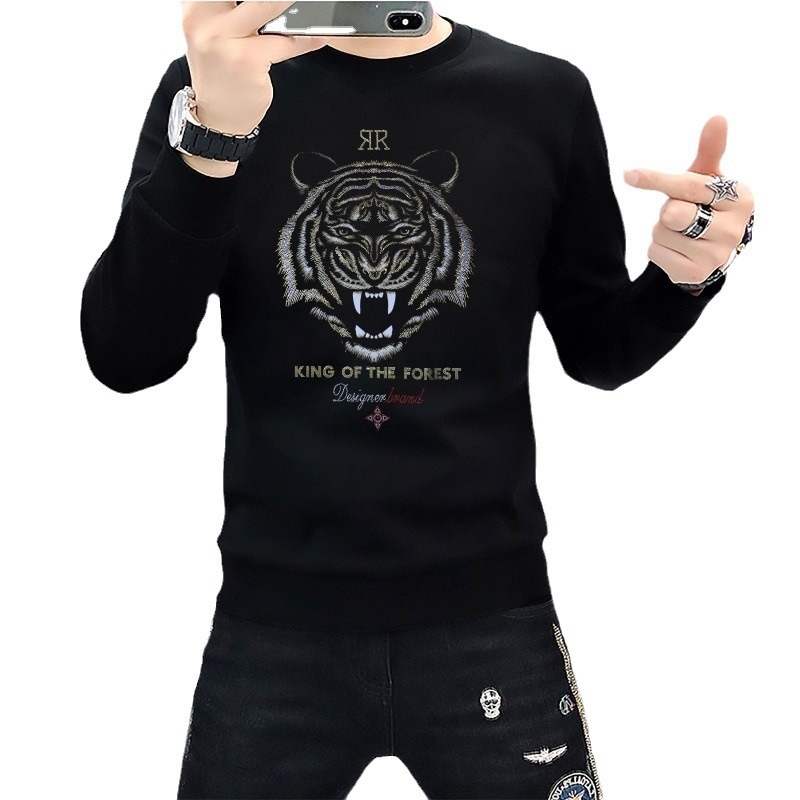 boy European Station New Men's Sweatshirt With Rhinestones, Domineering Tiger Head, Unique Trendy Brand, Long Sleeve Shirt,_voghion.com
