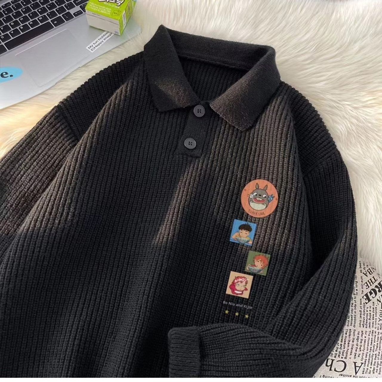 Schwarzer Polo-Pullover mit Cartoon-Motiv für Jungen, Herren, Herbst/Winter, dick gefüttert, lässig, Strickware_voghion.com