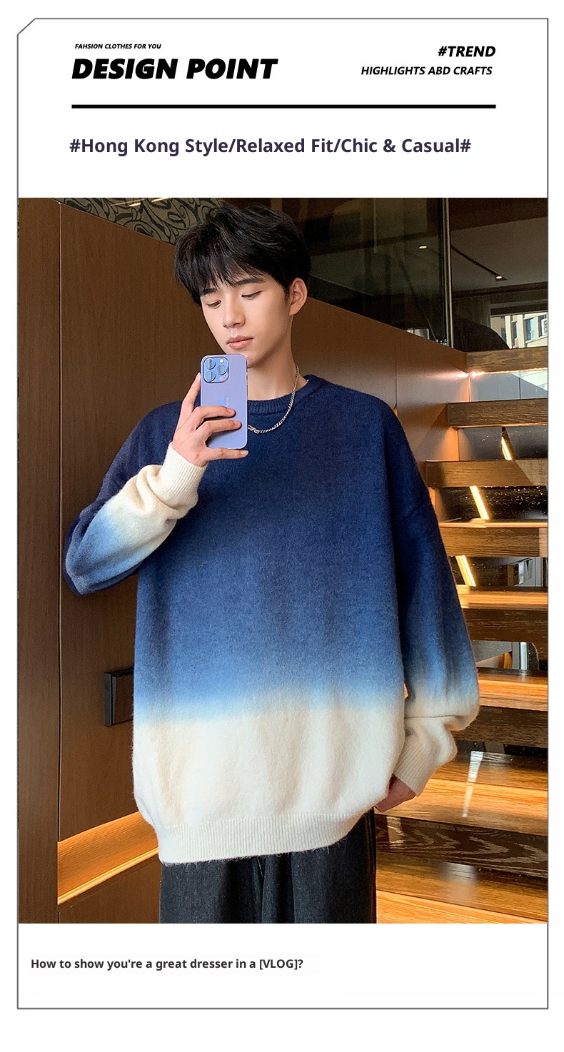 Jungen-Pullover mit Farbverlauf für Herbst/Winter, dick gefüttert, warm, gestrickt, trendiger Wollpullover für junge Leute_voghion.com