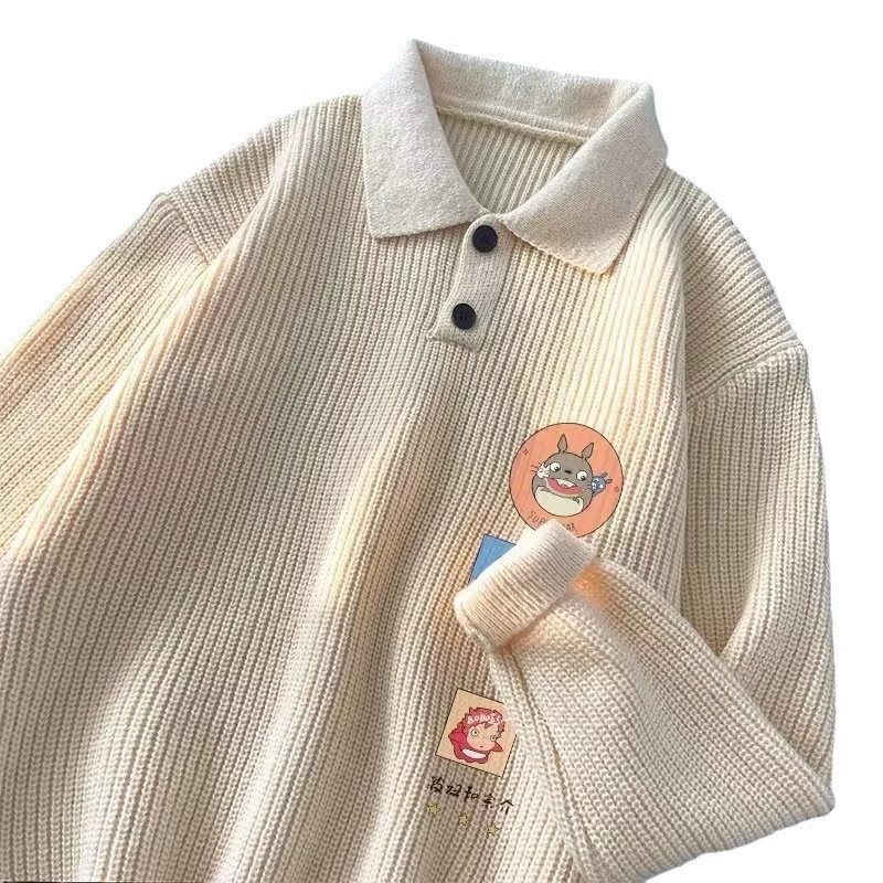 Schwarzer Polo-Pullover mit Cartoon-Motiv für Jungen, Herren, Herbst/Winter, dick gefüttert, lässig, Strickware_voghion.com