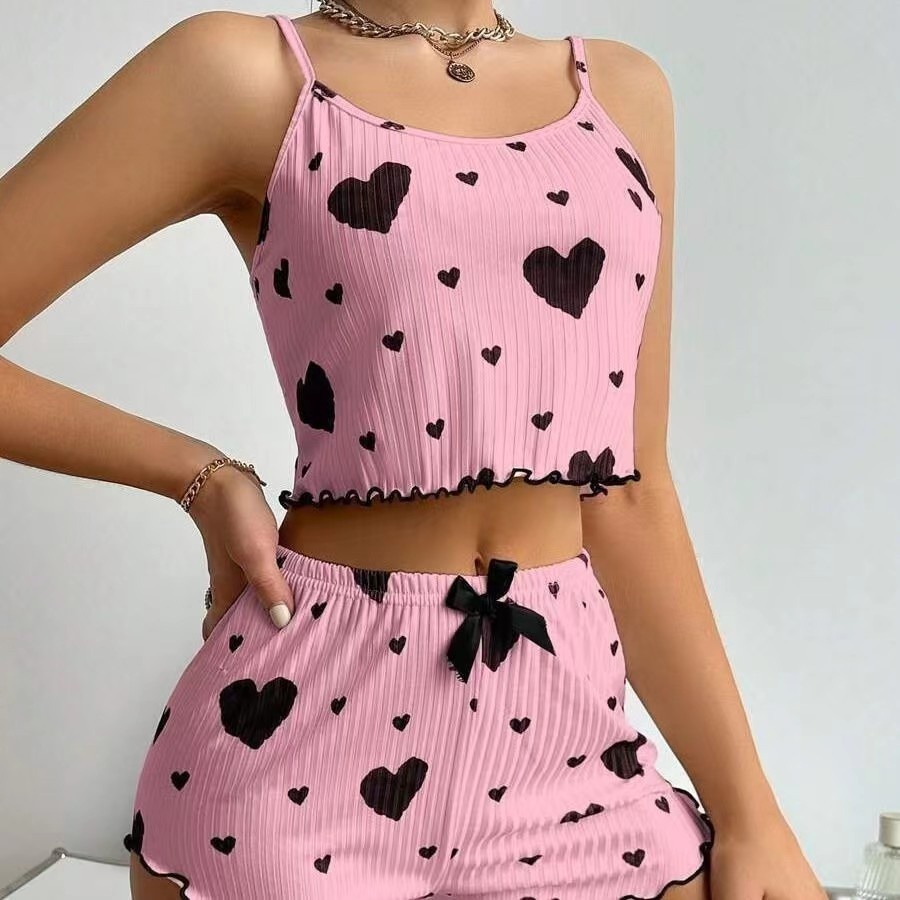 ChicShe 2024 New Home European And American Style Sweet Heart Print Knitted Ribbed Strap Shorts Loungewear Casual Comfortable_voghion.com