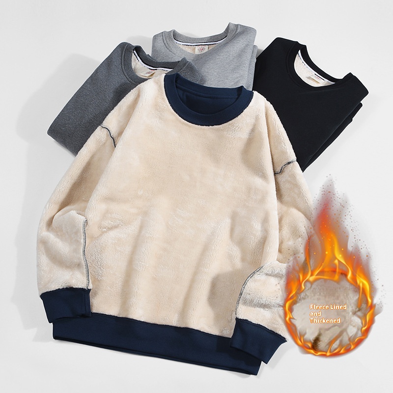 Pull unisexe en polaire pour garçon, automne-hiver, col rond, ample, en laine d'agneau épaisse et chaude avec doublure intérieure, couleur unie._voghion.com