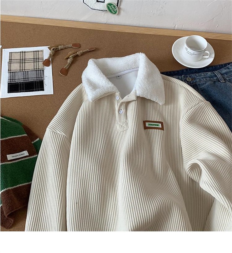 Cord-Sweatshirt mit Polokragen für Jungen, Herren-Herbstjacke und gefütterte, dicke Lammwolljacke, Winterjacke für Paare im Hongkong-Stil_voghion.com