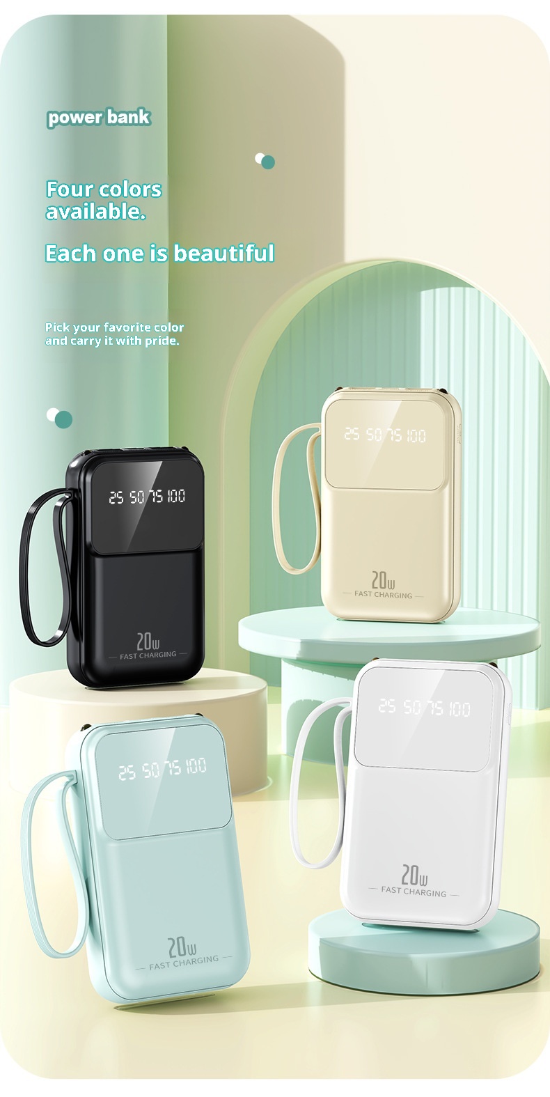 Techglobe Mini Cavo Integrato 20000mAh Banca Grande Capacità Cartone Animato Alimentatore Portatile Mobile con Ricarica Rapida Stampata_voghion.com