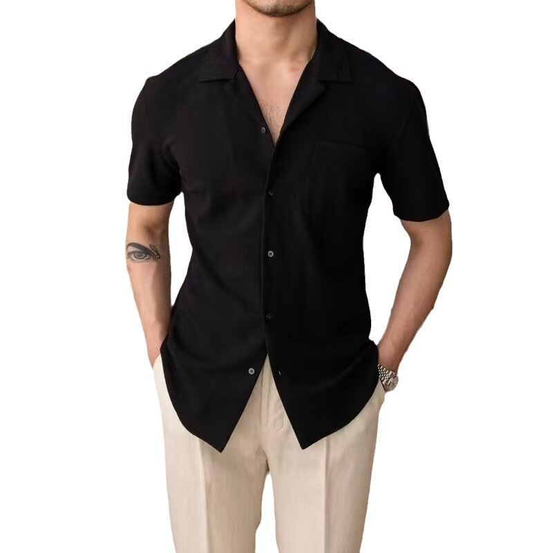 ForMen Ice Silk Waffle Collar Short For Men, British Style, Summer Half Sleeve Thin Business Casual Shirt_voghion.com