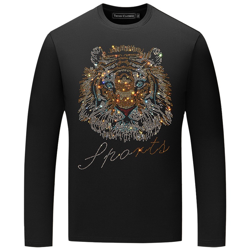 boy European Station Rhinestone Tiger Head Long Sleeve For Men Black Modal Plus Size T-Shirt Men's Base Shirt Autumn Wear_voghion.com