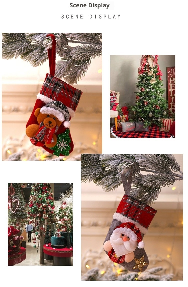 Lillian Neue Dekorationen Strümpfe Baumschmuck Kleine 3D karierte Stoff-Weihnachtsmannpuppe Weihnachtssocken_voghion.com