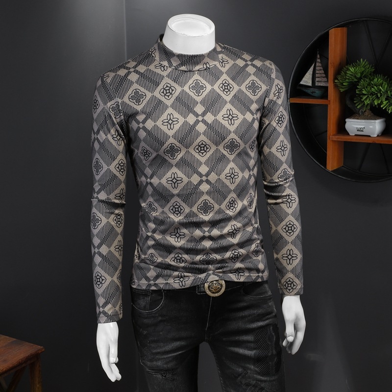 boy Europe Station 2023 Autumn Winter New Men's High Neck Base Shirt Plus Size Printed Casual Korean Style Slim Fit Pullover_voghion.com