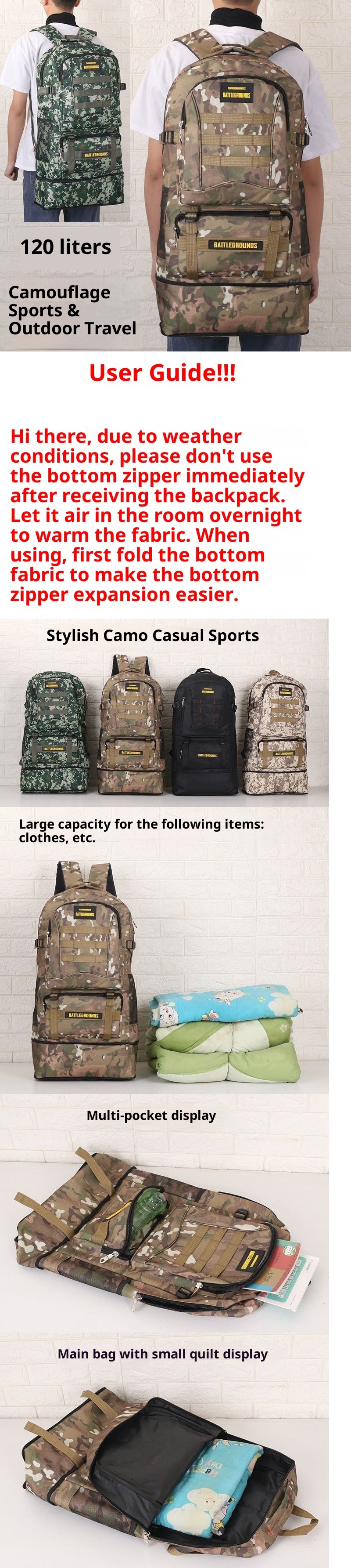 ActiveGo Outdoor 120L Camouflage Hiking per uomo, capacità extra large, viaggio, sport, Bapa, bagaglio per pendolarismo e ritorno_voghion.com