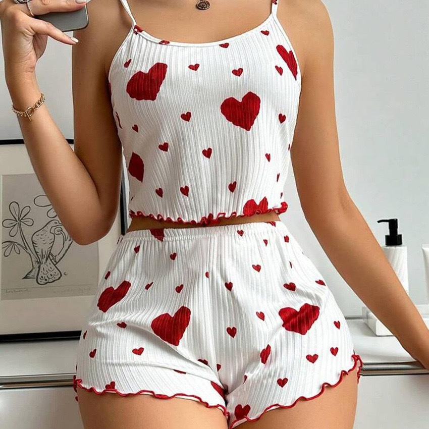 ChicShe European And American Cross-Border Hot-Selling Homewear Heart Print Camisole Shorts Cual Ribbed Wearable Women's_voghion.com