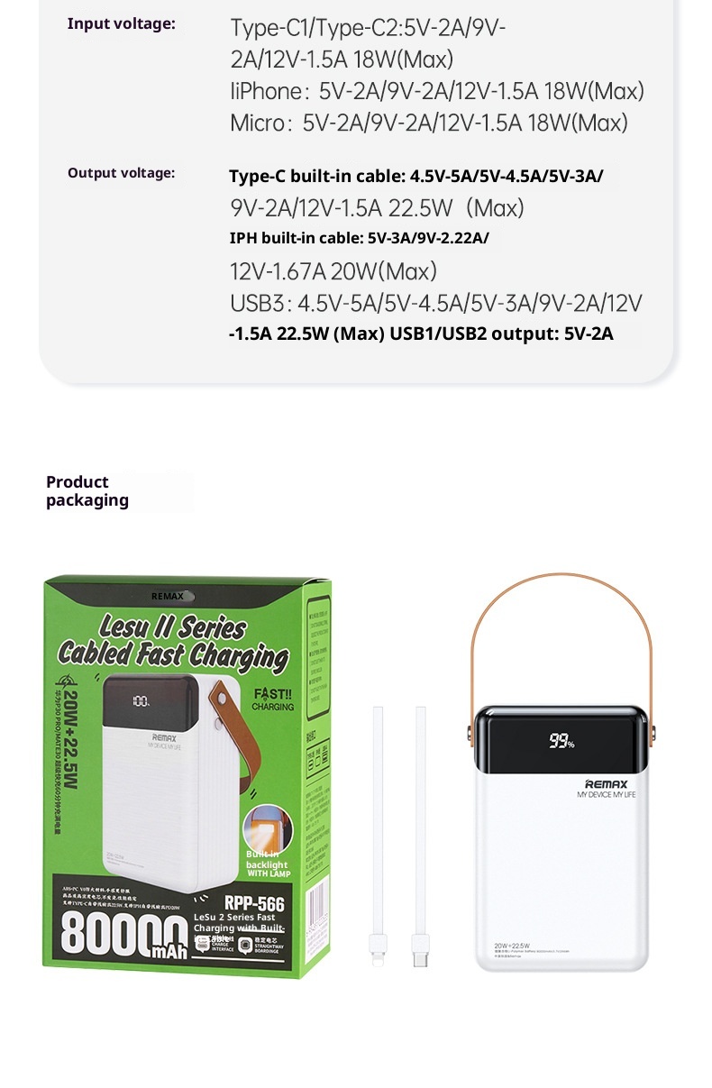 techglobe REMAX 20W+22,5W Powerbank mit integriertem Kabel, Schnellladegerät für Mobiltelefone, 8W große Kapazität_voghion.com