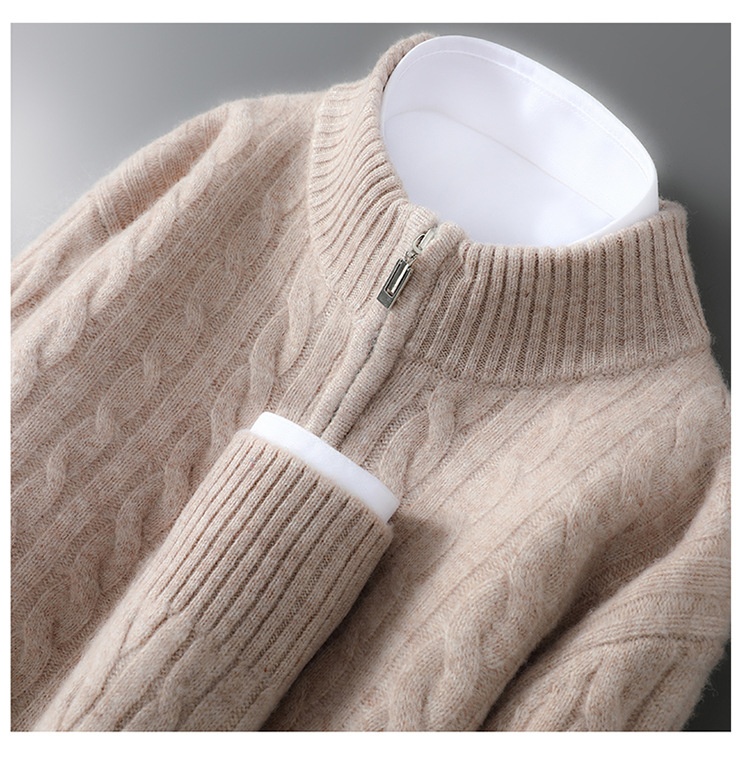 boy Autumn Winter New 100% Pure Wool Men's Half Turtleneck Zipper Thickened Cable Knit Casual Loose Cashmere Sweater_voghion.com