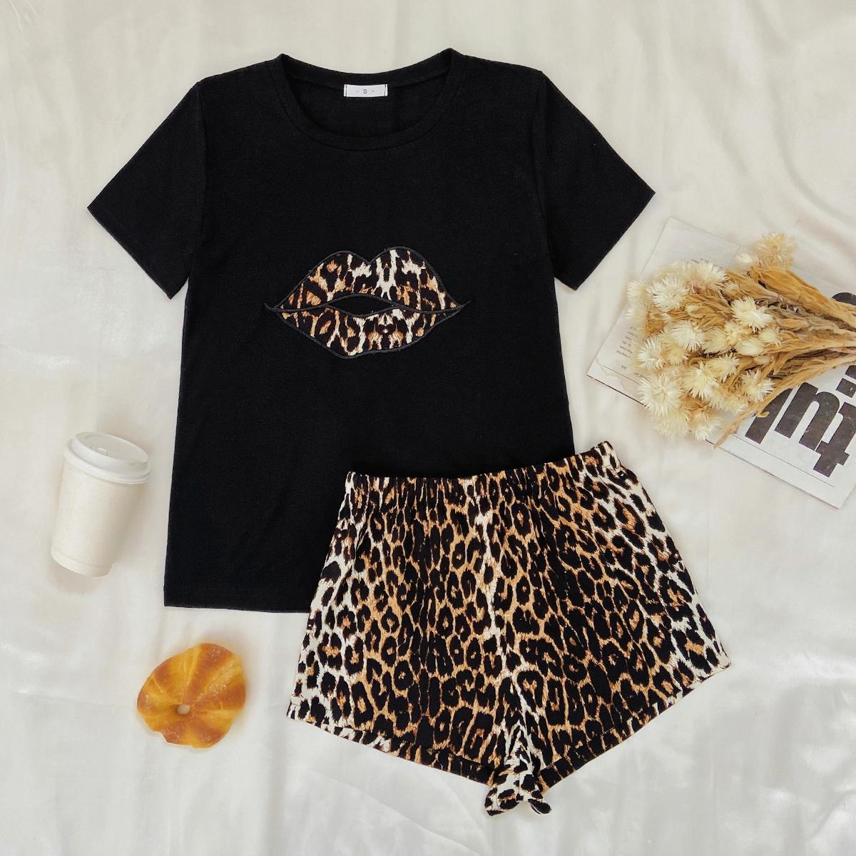 ChicShe Cross-Border European And American Style Women's Summer Leopard Print Short Sleeve Shorts Two-Piece Set Homewear_voghion.com