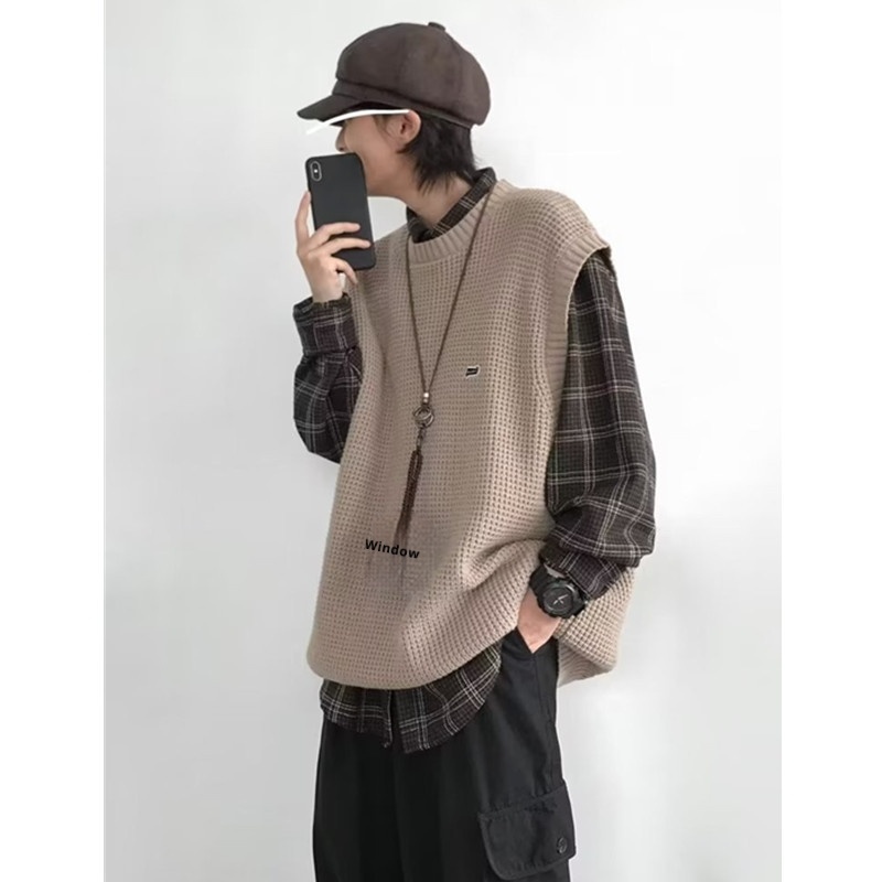 Maglione girocollo unisex in stile college, stile retrò giapponese, autunno inverno, senza maniche, in tinta unita, lavorato a maglia_voghion.com