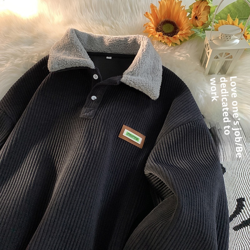 Cord-Sweatshirt mit Polokragen für Jungen, Herren-Herbstjacke und gefütterte, dicke Lammwolljacke, Winterjacke für Paare im Hongkong-Stil_voghion.com