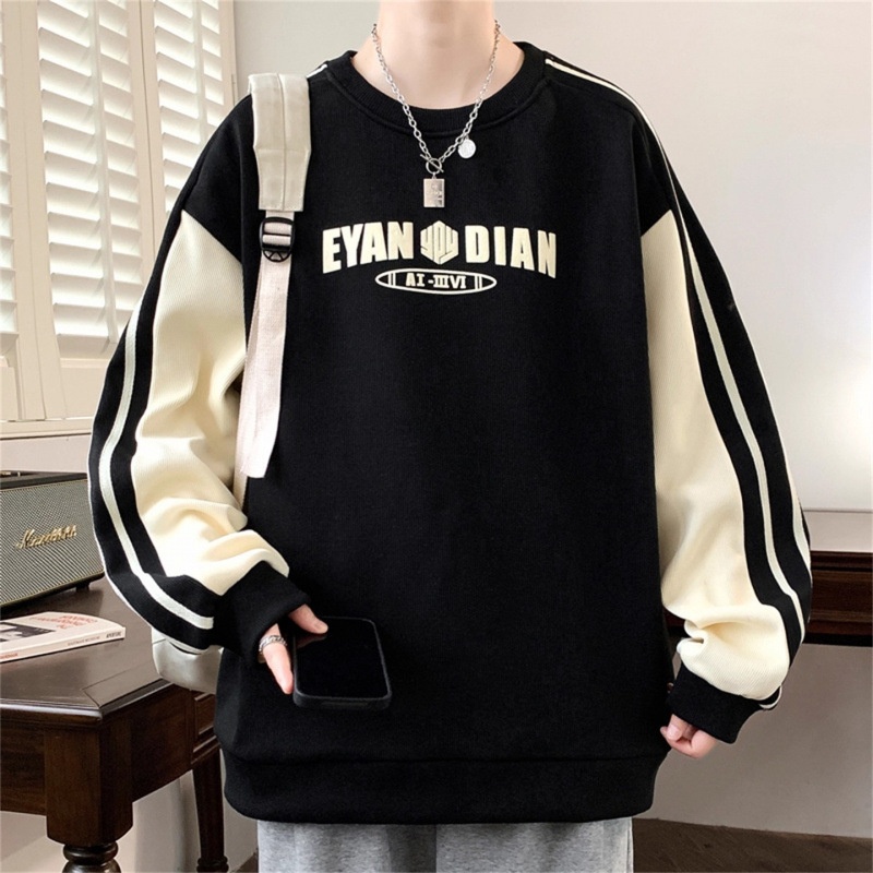 boy New Casual Sweatshirt For Men, Autumn And Winter Trendy Fashion Versatile Color Block Plus Size Round Neck Long Sleeve_voghion.com