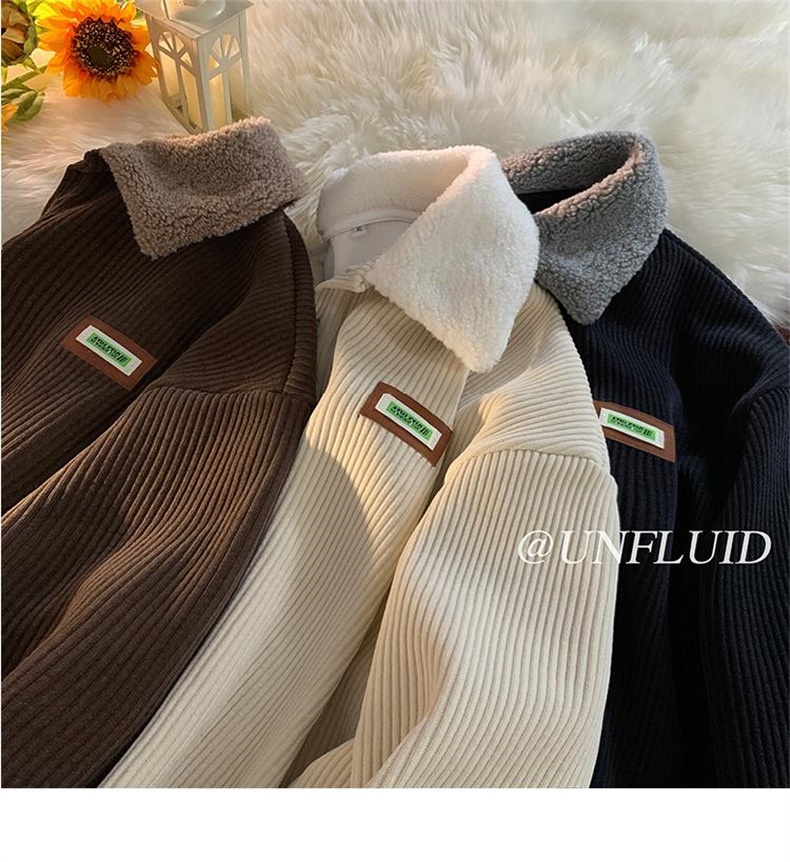 Cord-Sweatshirt mit Polokragen für Jungen, Herren-Herbstjacke und gefütterte, dicke Lammwolljacke, Winterjacke für Paare im Hongkong-Stil_voghion.com