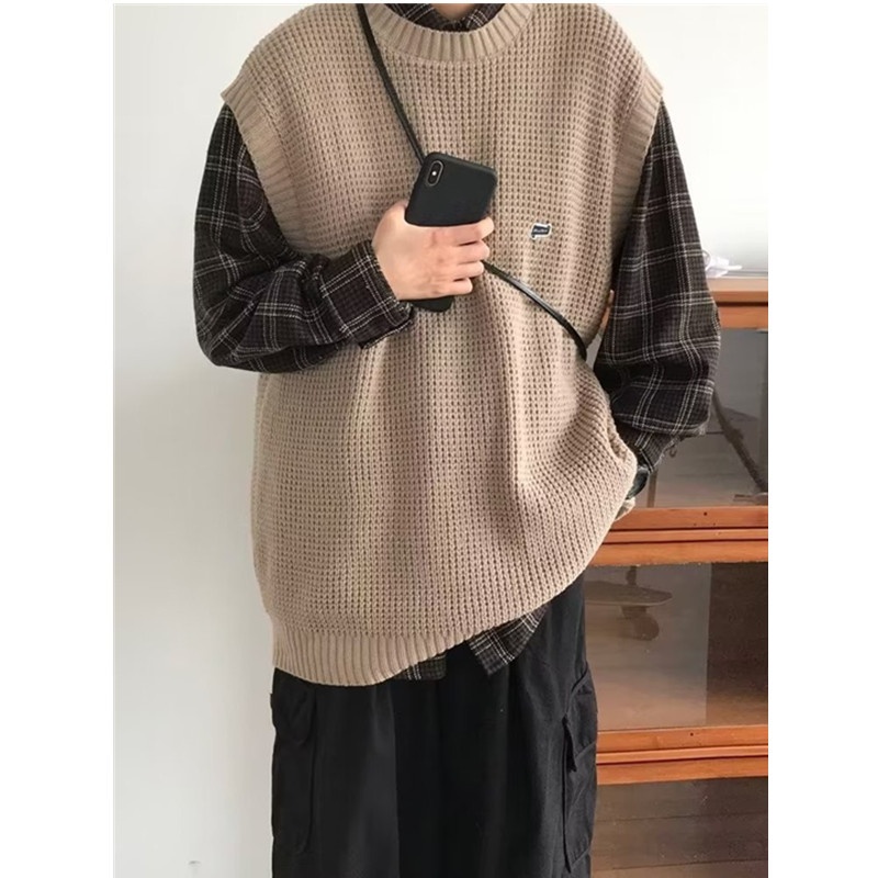Maglione girocollo unisex in stile college, stile retrò giapponese, autunno inverno, senza maniche, in tinta unita, lavorato a maglia_voghion.com