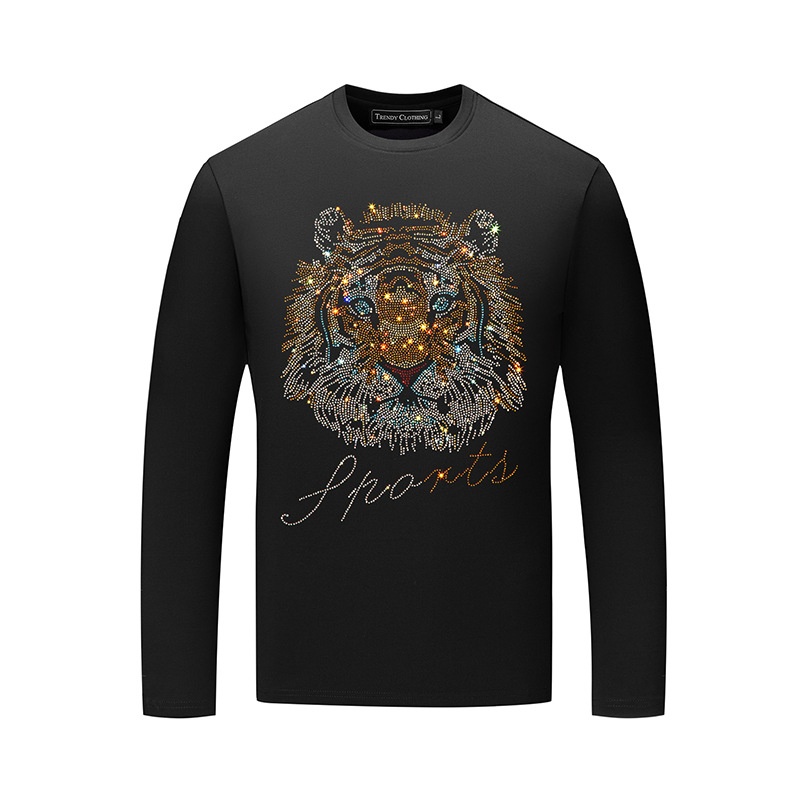 boy European Station Rhinestone Tiger Head Long Sleeve For Men Black Modal Plus Size T-Shirt Men's Base Shirt Autumn Wear_voghion.com
