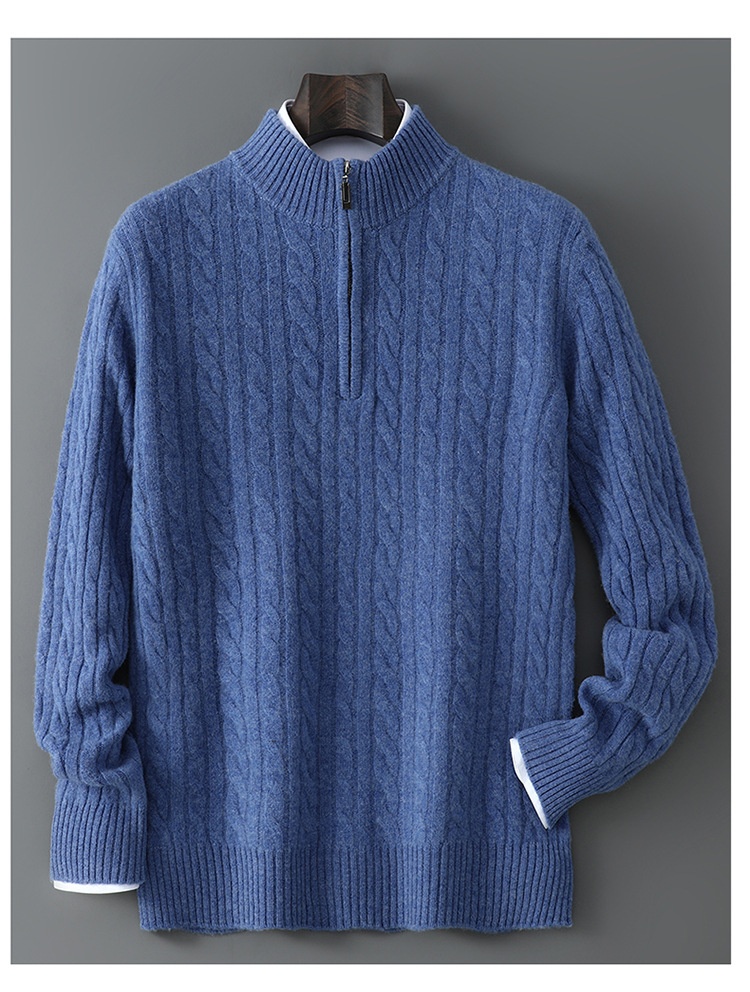 boy Autumn Winter New 100% Pure Wool Men's Half Turtleneck Zipper Thickened Cable Knit Casual Loose Cashmere Sweater_voghion.com