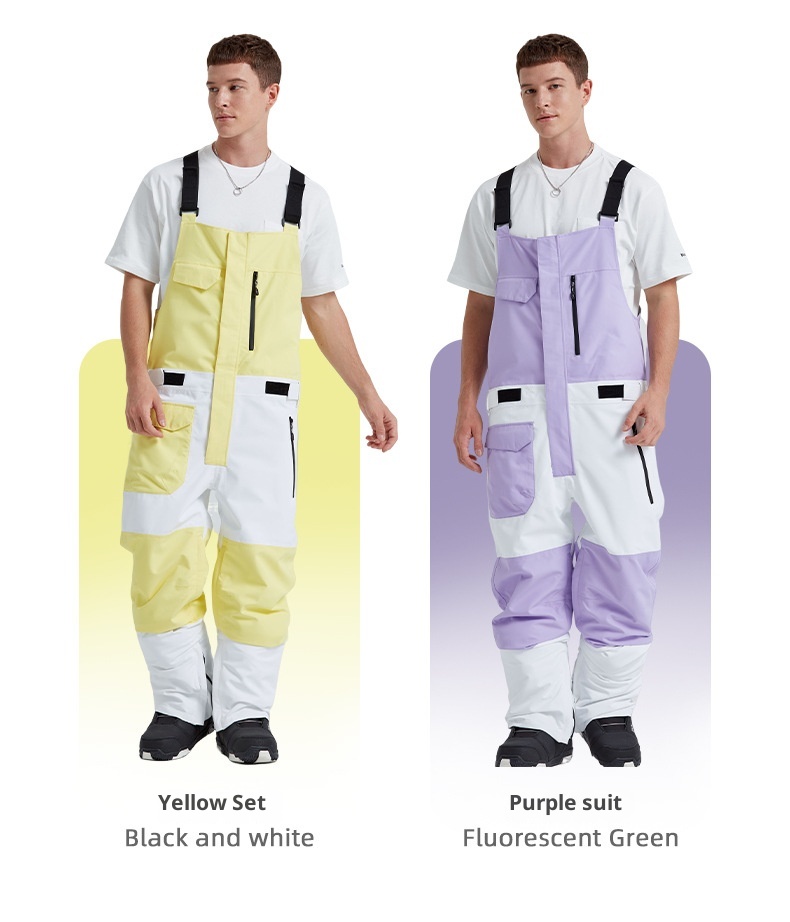 001 2023 Winter New Ski Bib Waterproof Patchwork Color Block Slim Unisex Warm Snow Pants_voghion.com