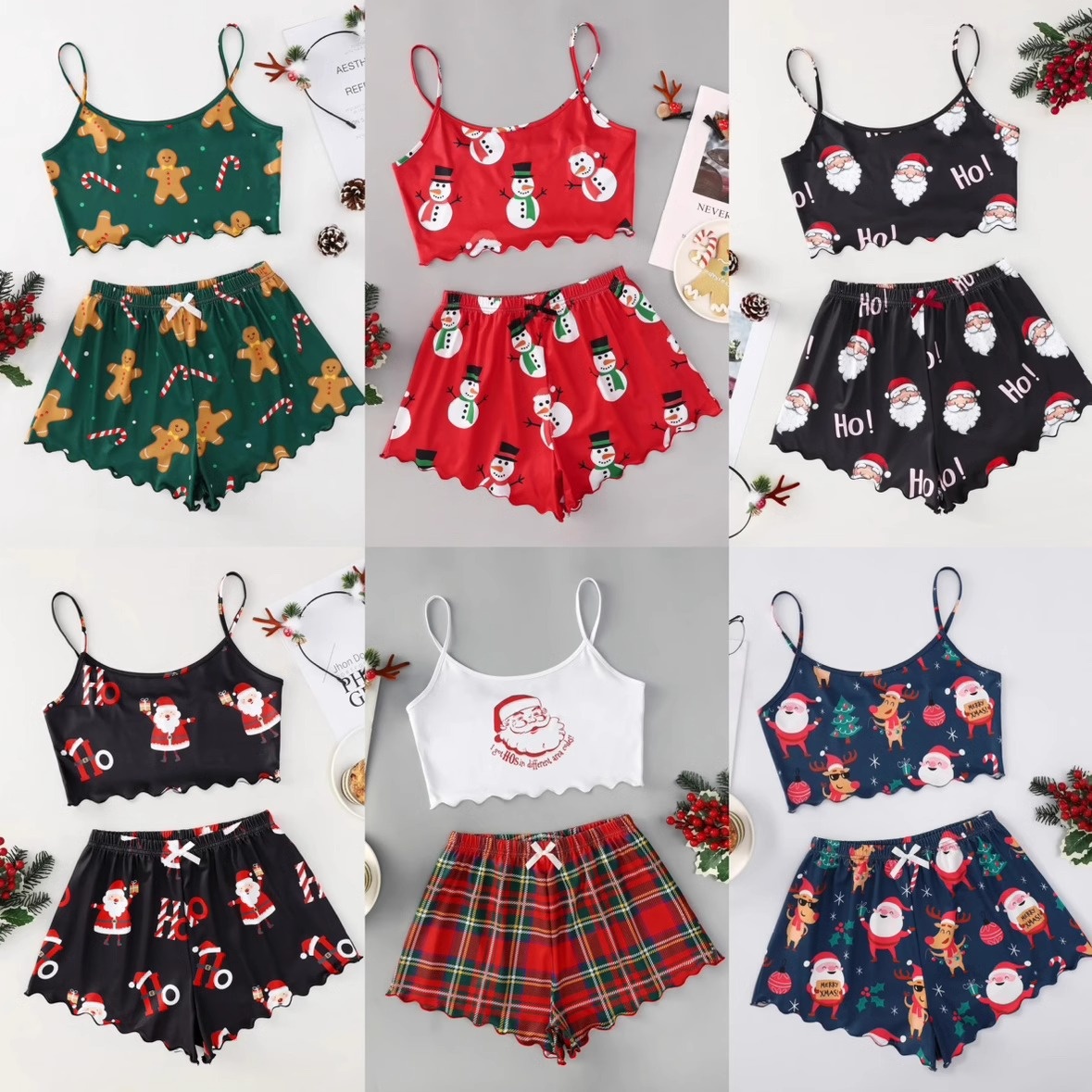 ChicShe Christmas European And American Style New Thin Pajamas For Women Sleeveless Shorts Milk Silk Simple Casual Two-Piece Set_voghion.com