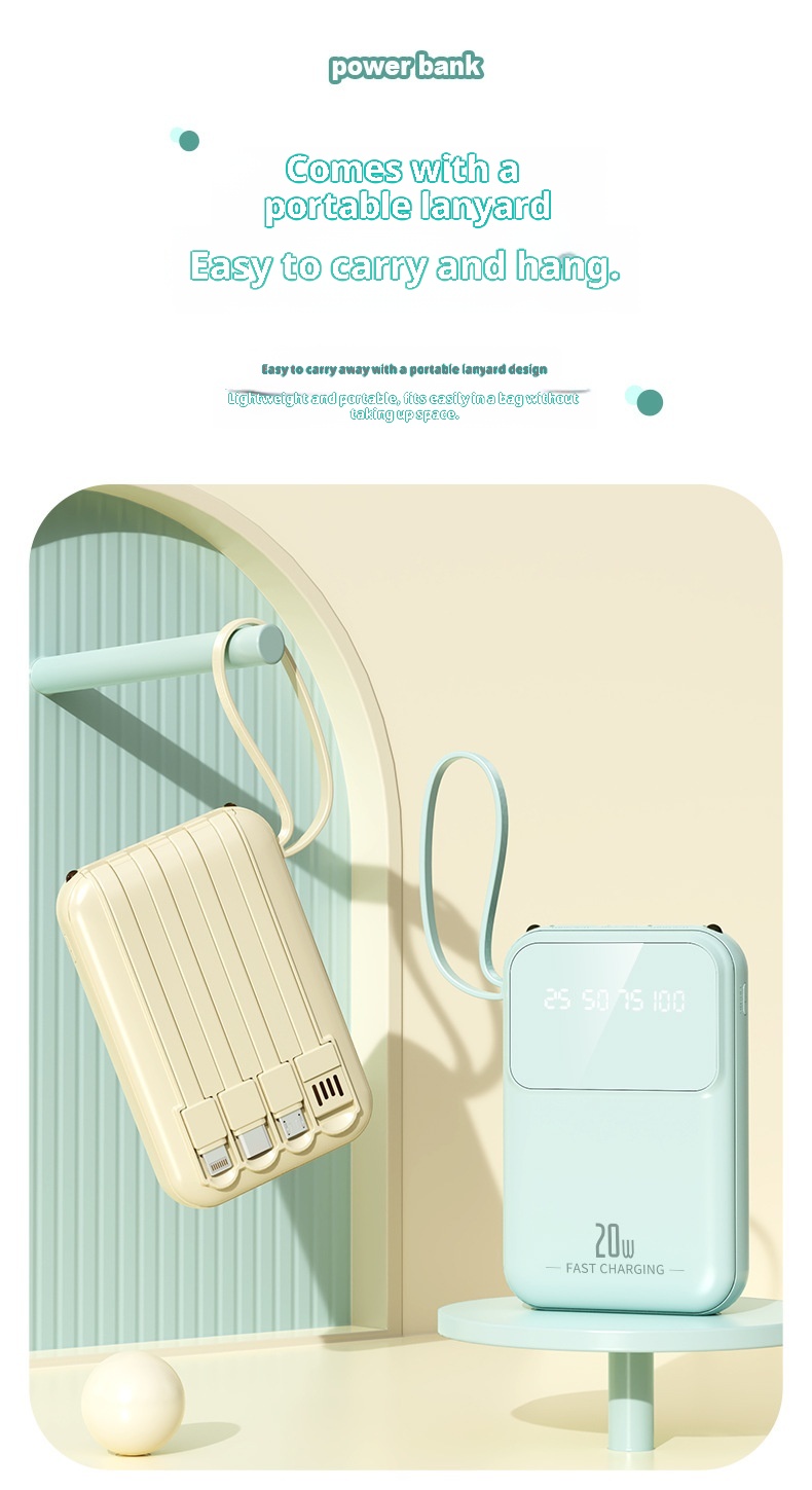 Techglobe Mini Cavo Integrato 20000mAh Banca Grande Capacità Cartone Animato Alimentatore Portatile Mobile con Ricarica Rapida Stampata_voghion.com