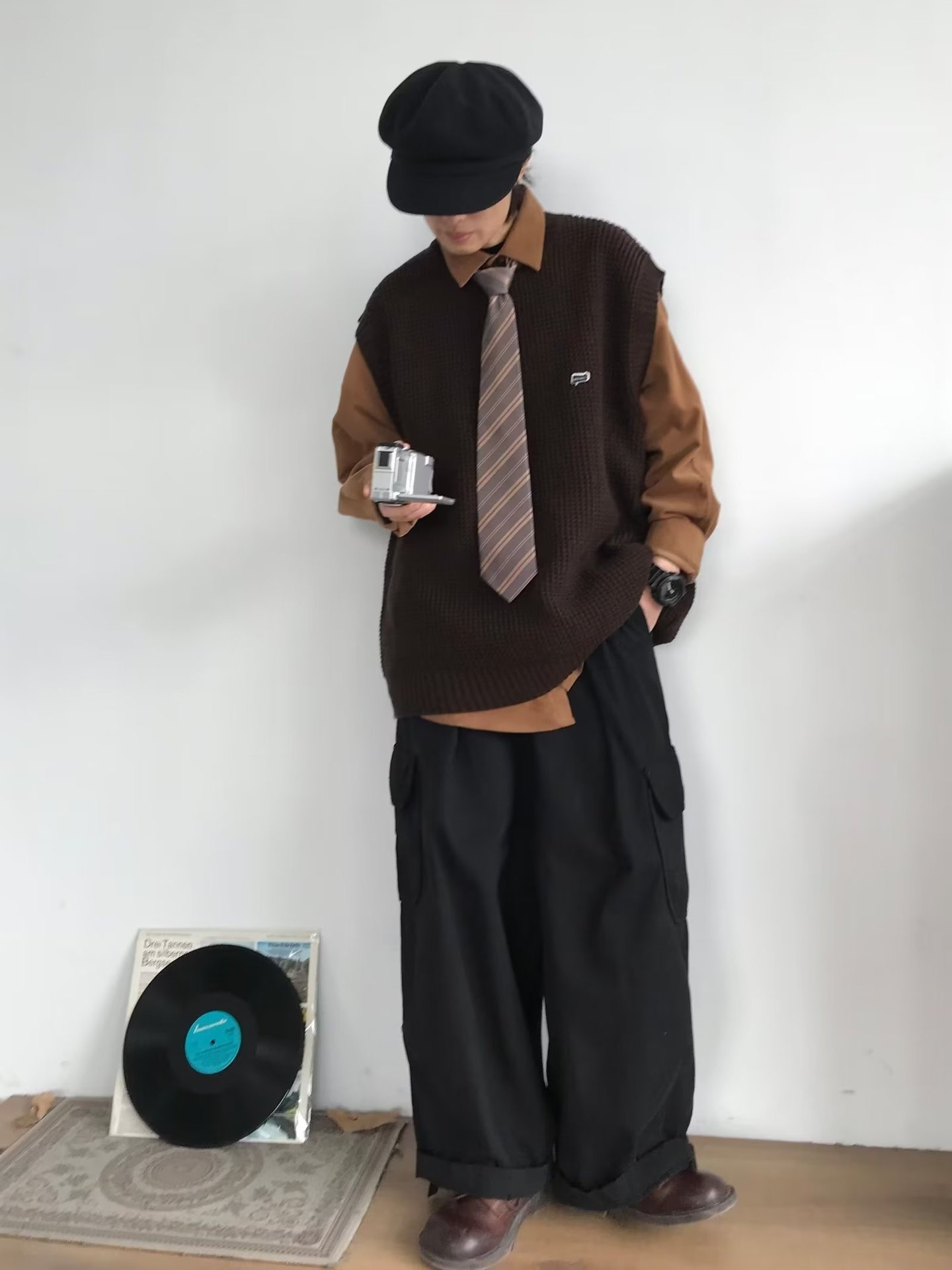 Maglione girocollo unisex in stile college, stile retrò giapponese, autunno inverno, senza maniche, in tinta unita, lavorato a maglia_voghion.com