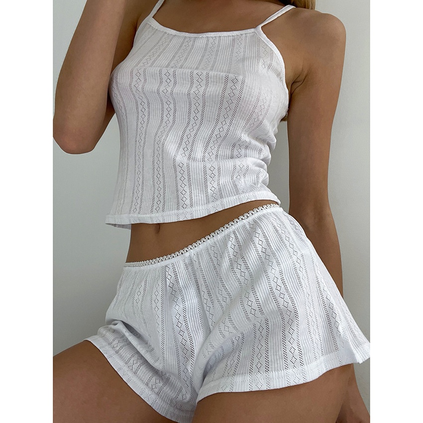 ChicShe 2025 Summer Sexy Knitted Camisole Shorts Women's Homewear Jacquard White Cool Pajamas Two-Piece Set_voghion.com