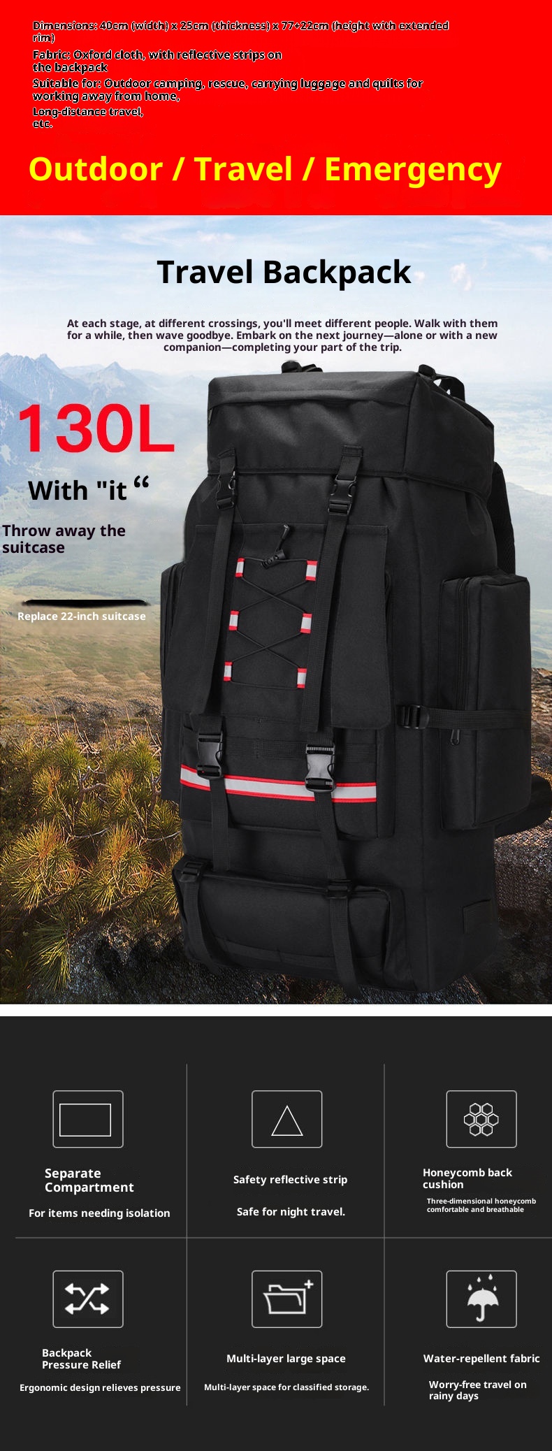 Zaino da viaggio antipioggia ActiveGo da 130 litri, extra large, con doppia spalla, per uomo, trapuntato, per sport all'aria aperta, escursionismo_voghion.com