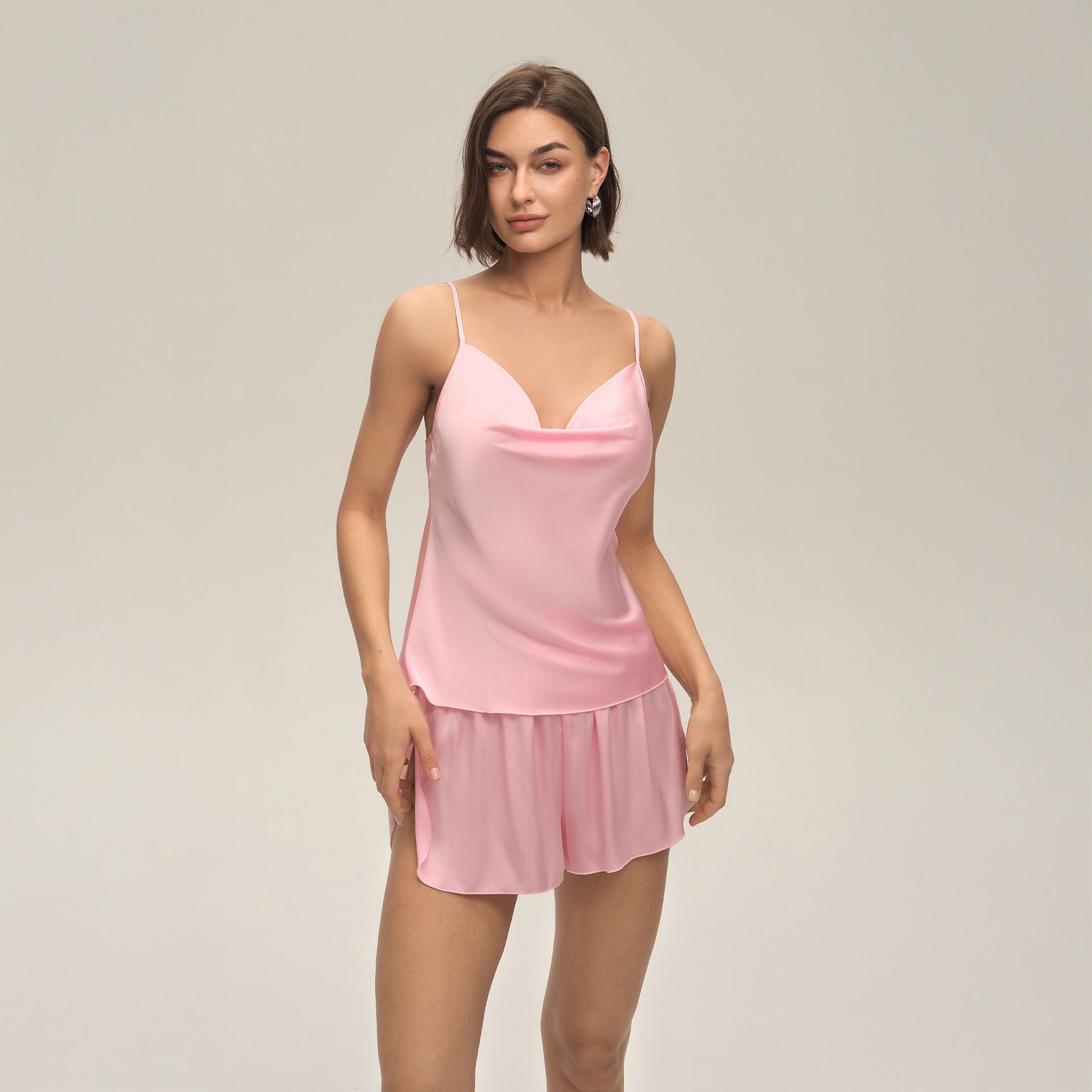 ChicShe New European And American Cross-Border Women's Sexy Solid Color Swing Neck Strap Shorts Set Simple Casual Homewear_voghion.com