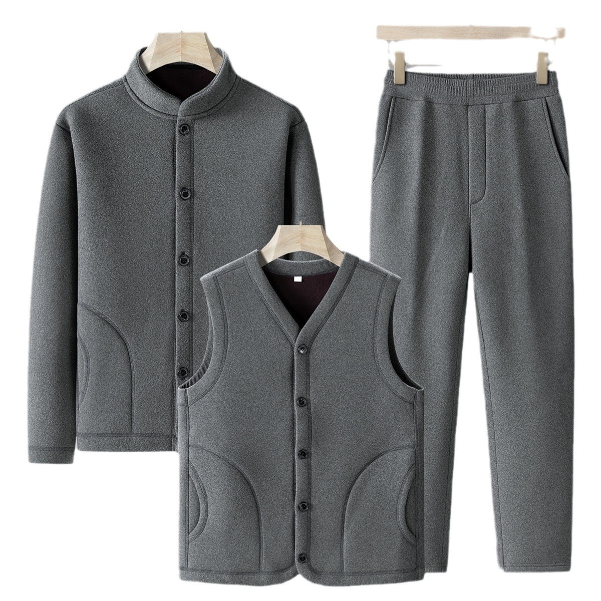 001 2025 Autumn Winter Fleece-Lined Sports Suit Men, Large Size Dad Outfit, Loose Three-Piece Jacket Set For Middle-Aged And_voghion.com