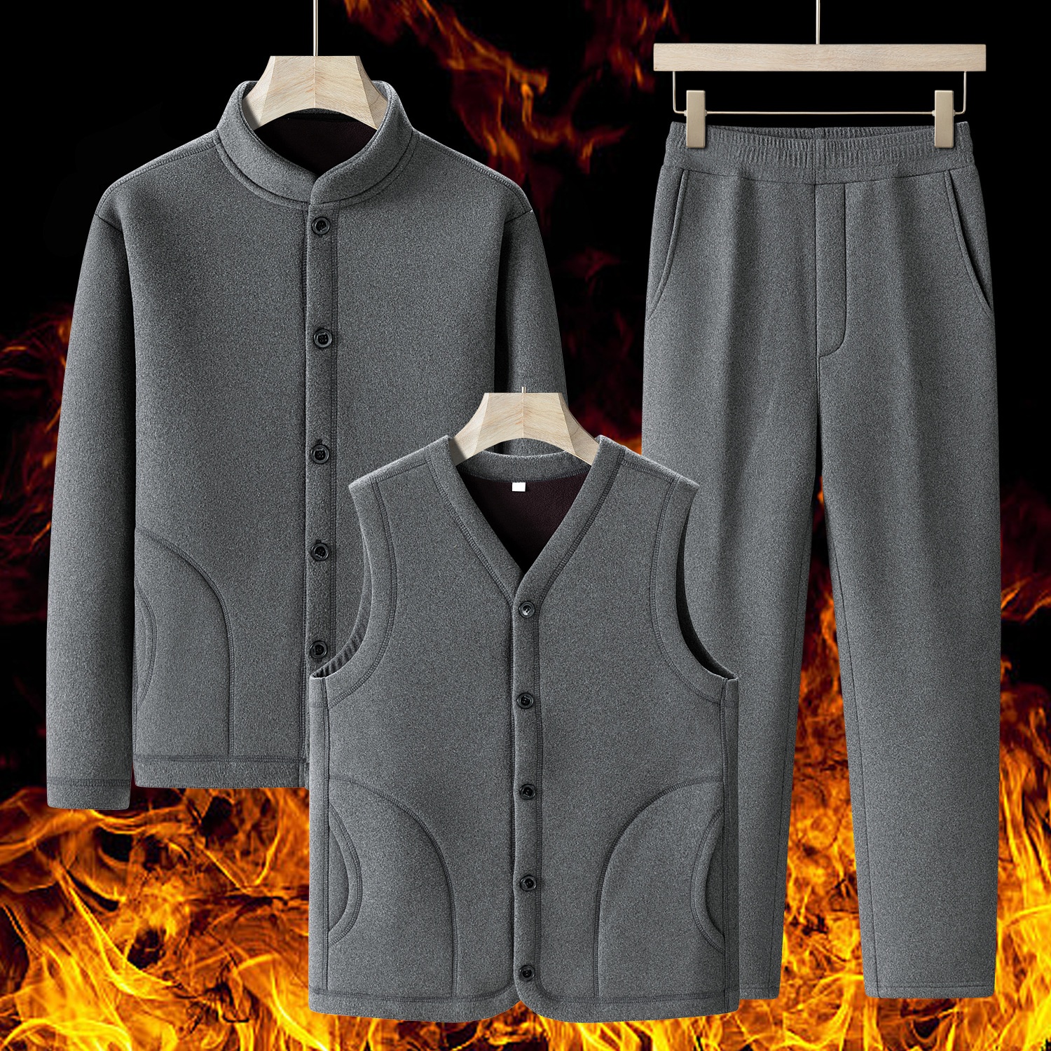 001 2025 Autumn Winter Fleece-Lined Sports Suit Men, Large Size Dad Outfit, Loose Three-Piece Jacket Set For Middle-Aged And_voghion.com