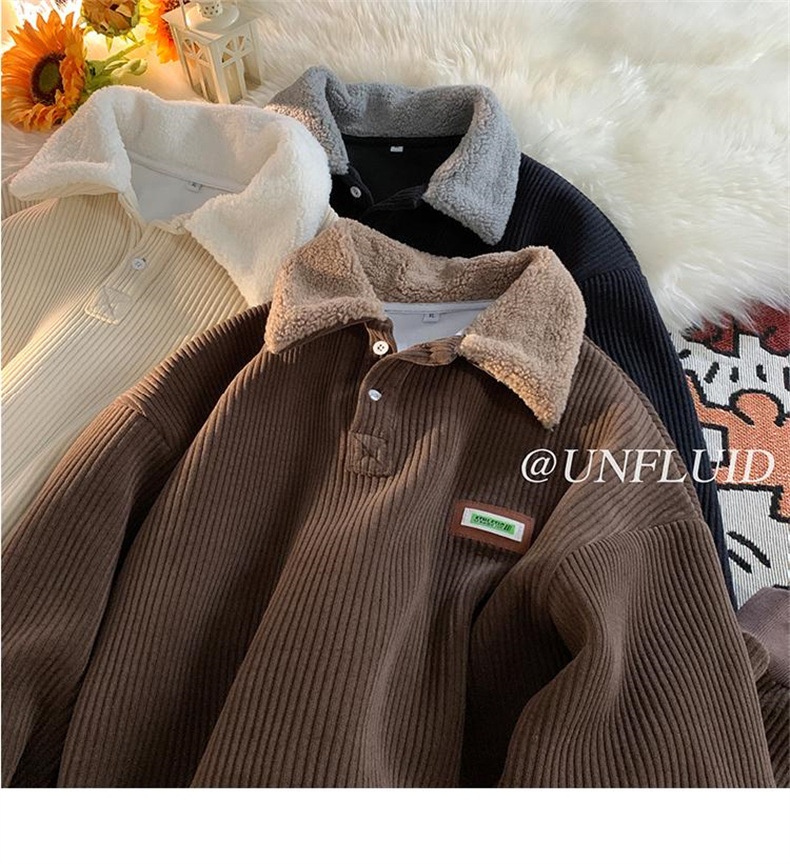 Cord-Sweatshirt mit Polokragen für Jungen, Herren-Herbstjacke und gefütterte, dicke Lammwolljacke, Winterjacke für Paare im Hongkong-Stil_voghion.com