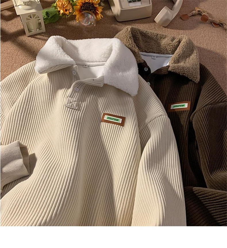 Cord-Sweatshirt mit Polokragen für Jungen, Herren-Herbstjacke und gefütterte, dicke Lammwolljacke, Winterjacke für Paare im Hongkong-Stil_voghion.com