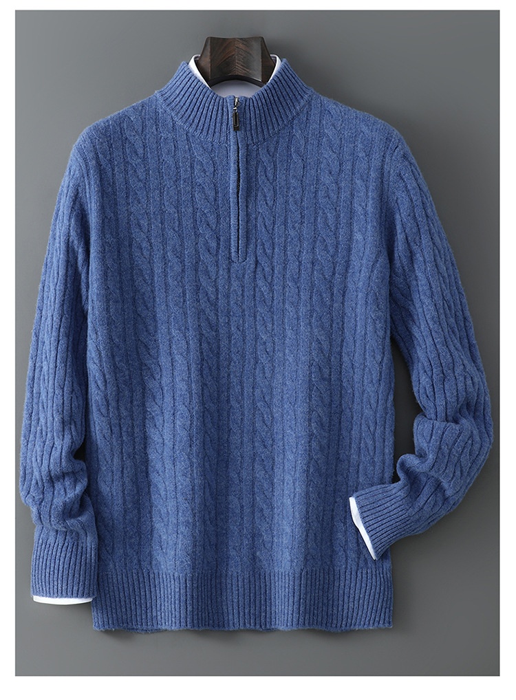 boy Autumn Winter New 100% Pure Wool Men's Half Turtleneck Zipper Thickened Cable Knit Casual Loose Cashmere Sweater_voghion.com