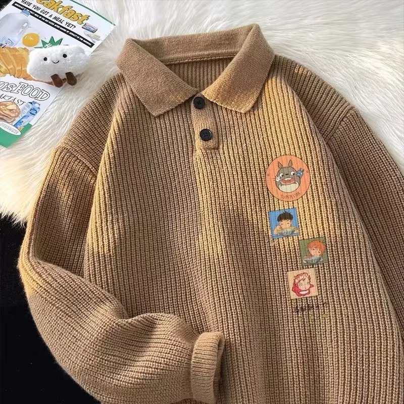 Schwarzer Polo-Pullover mit Cartoon-Motiv für Jungen, Herren, Herbst/Winter, dick gefüttert, lässig, Strickware_voghion.com