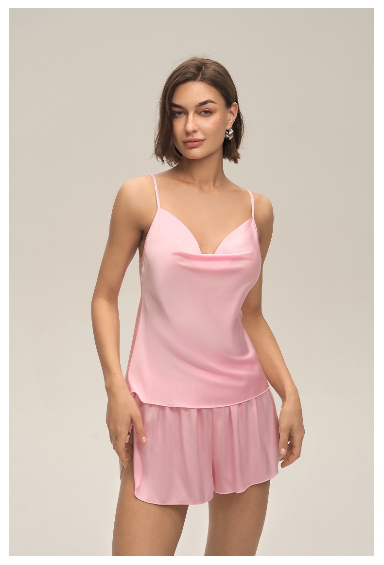 ChicShe New European And American Cross-Border Women's Sexy Solid Color Swing Neck Strap Shorts Set Simple Casual Homewear_voghion.com