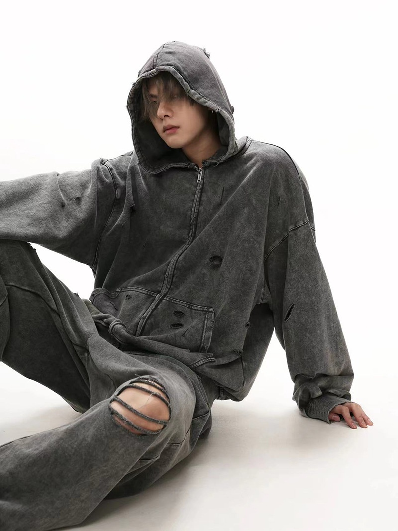 boy European And Autumn Winter Distressed Hooded Sweatshirt For Men, Washed Heavy Loose Fit Versatile Retro Couple Style_voghion.com