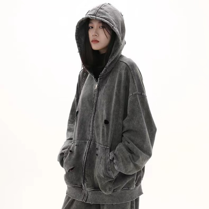 boy European And Autumn Winter Distressed Hooded Sweatshirt For Men, Washed Heavy Loose Fit Versatile Retro Couple Style_voghion.com
