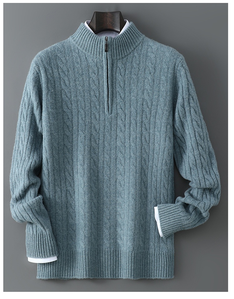 boy Autumn Winter New 100% Pure Wool Men's Half Turtleneck Zipper Thickened Cable Knit Casual Loose Cashmere Sweater_voghion.com