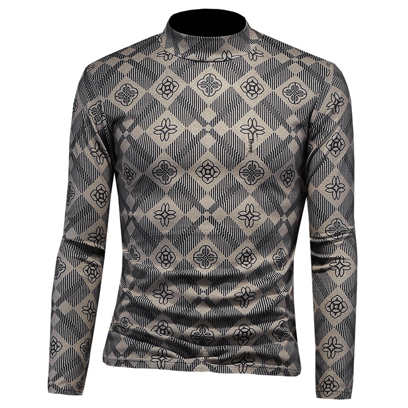 boy Europe Station 2023 Autumn Winter New Men's High Neck Base Shirt Plus Size Printed Casual Korean Style Slim Fit Pullover_voghion.com