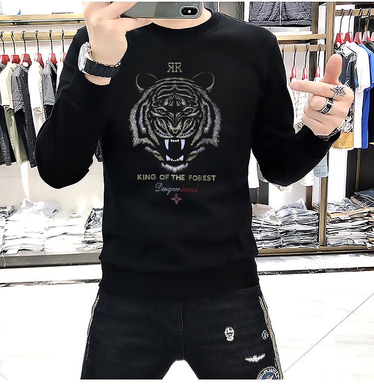 boy European Station New Men's Sweatshirt With Rhinestones, Domineering Tiger Head, Unique Trendy Brand, Long Sleeve Shirt,_voghion.com