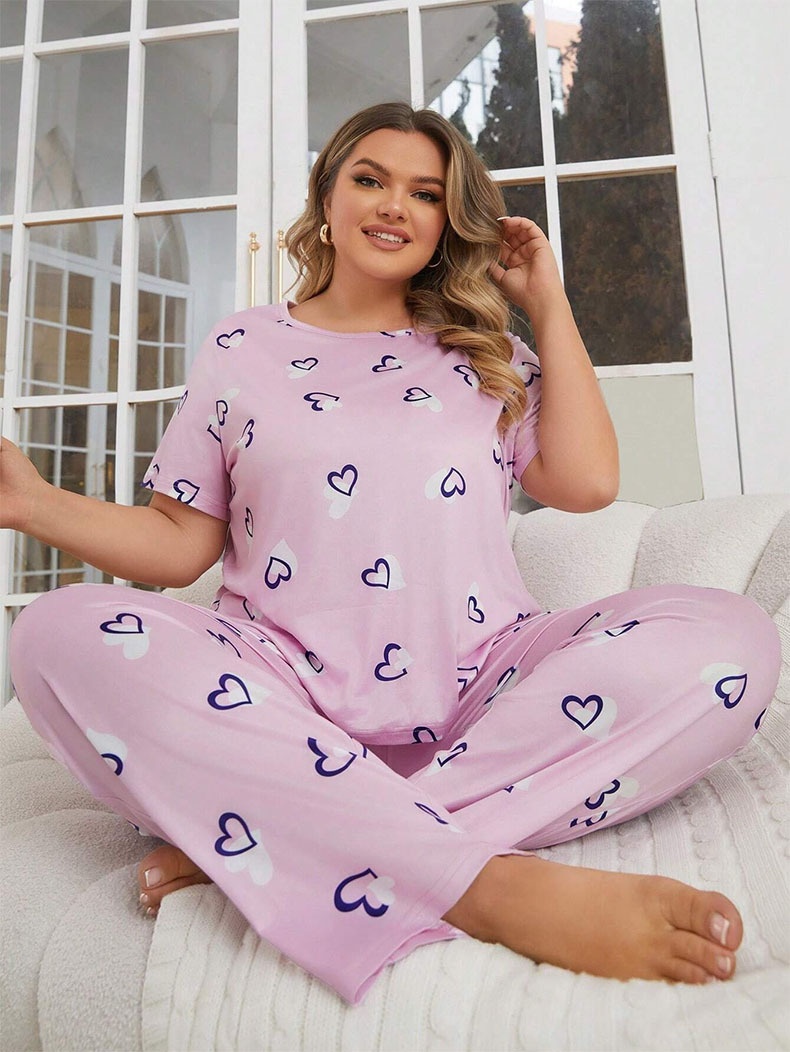 ChicShe Cross-Border Autumn Winter Plus Size Women's Pajamas Heart Print Round Neck Short Sleeve Long Pants European American_voghion.com