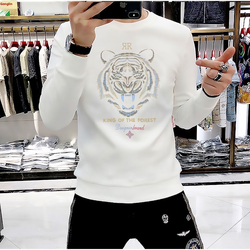 boy European Station New Men's Sweatshirt With Rhinestones, Domineering Tiger Head, Unique Trendy Brand, Long Sleeve Shirt,_voghion.com