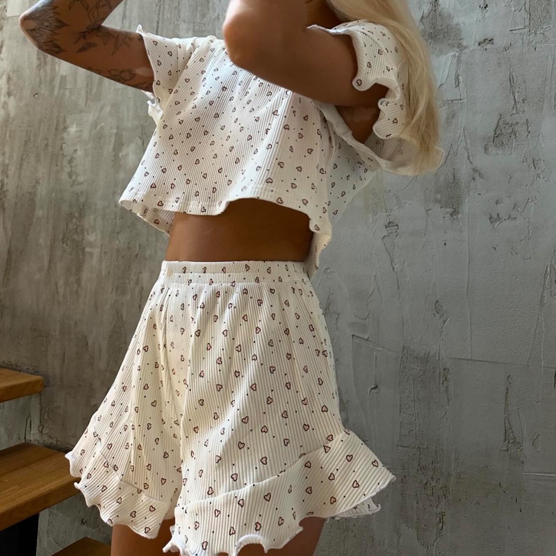 ChicShe 2025 Cross-Border New European And American Women's Casual Printed Lotus Leaf Short Sleeve Round Neck Shorts Pajama_voghion.com