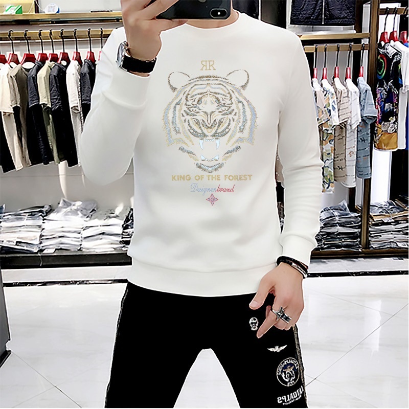 boy European Station New Men's Sweatshirt With Rhinestones, Domineering Tiger Head, Unique Trendy Brand, Long Sleeve Shirt,_voghion.com