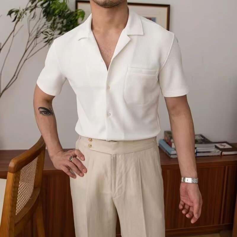 ForMen Ice Silk Waffle Collar Short For Men, British Style, Summer Half Sleeve Thin Business Casual Shirt_voghion.com