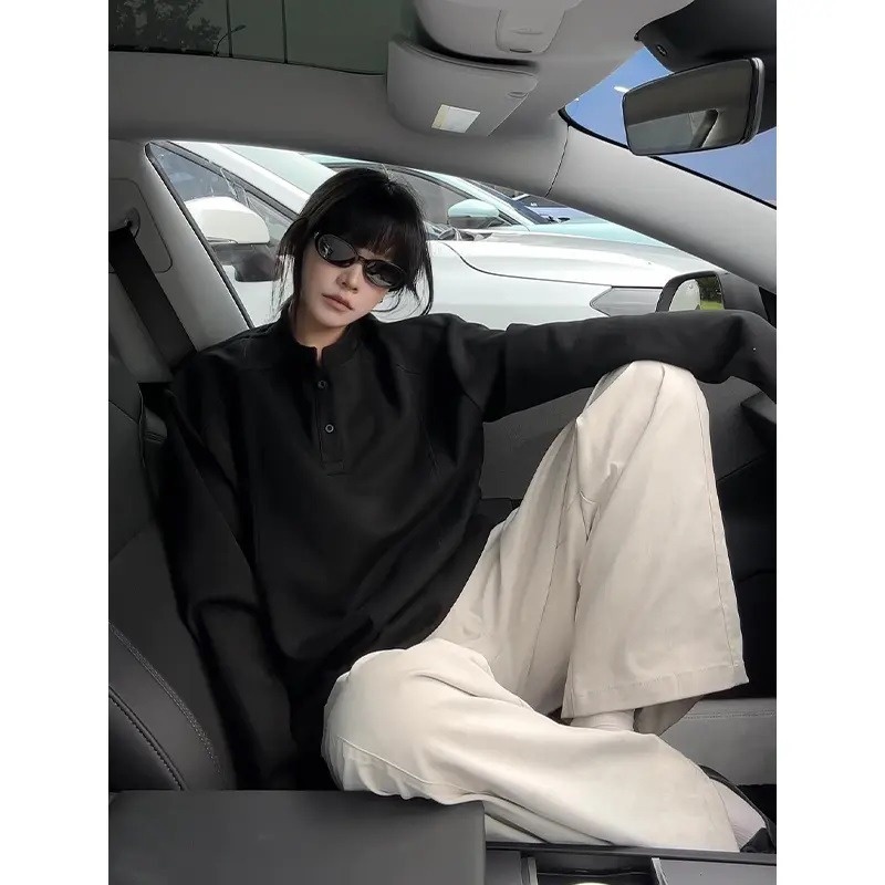 boy Henry Collar Regular Shoulder Sweatshirt For Men, Autumn Cleanfit American Style Deconstructed Patchwork Design Long_voghion.com